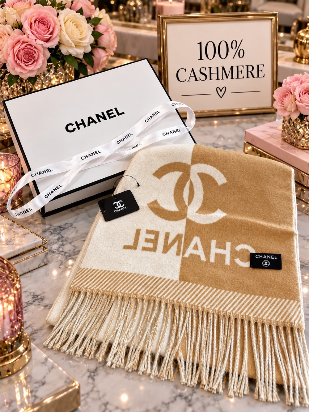 Designer inspired 100% cashmere Beige & Cream Logo Scarf w/ box & ribbon